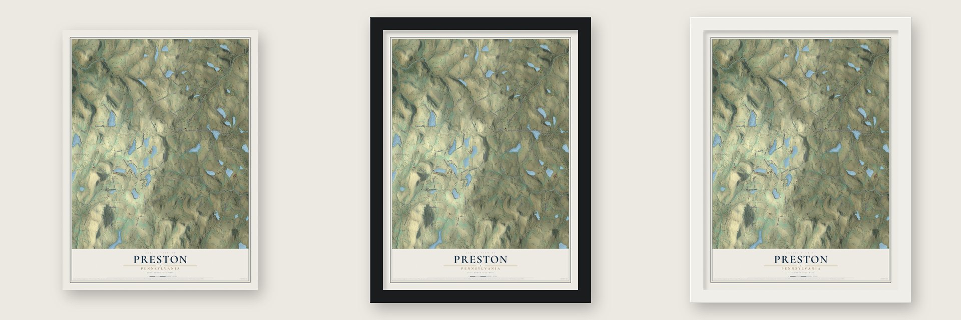 Preston, Pennsylvania map unframed, in a black wood frame and in a white wood frame