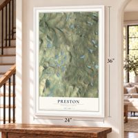 Preston, Pennsylvania map, 24 x 36 inch print in a white frame by a staircase