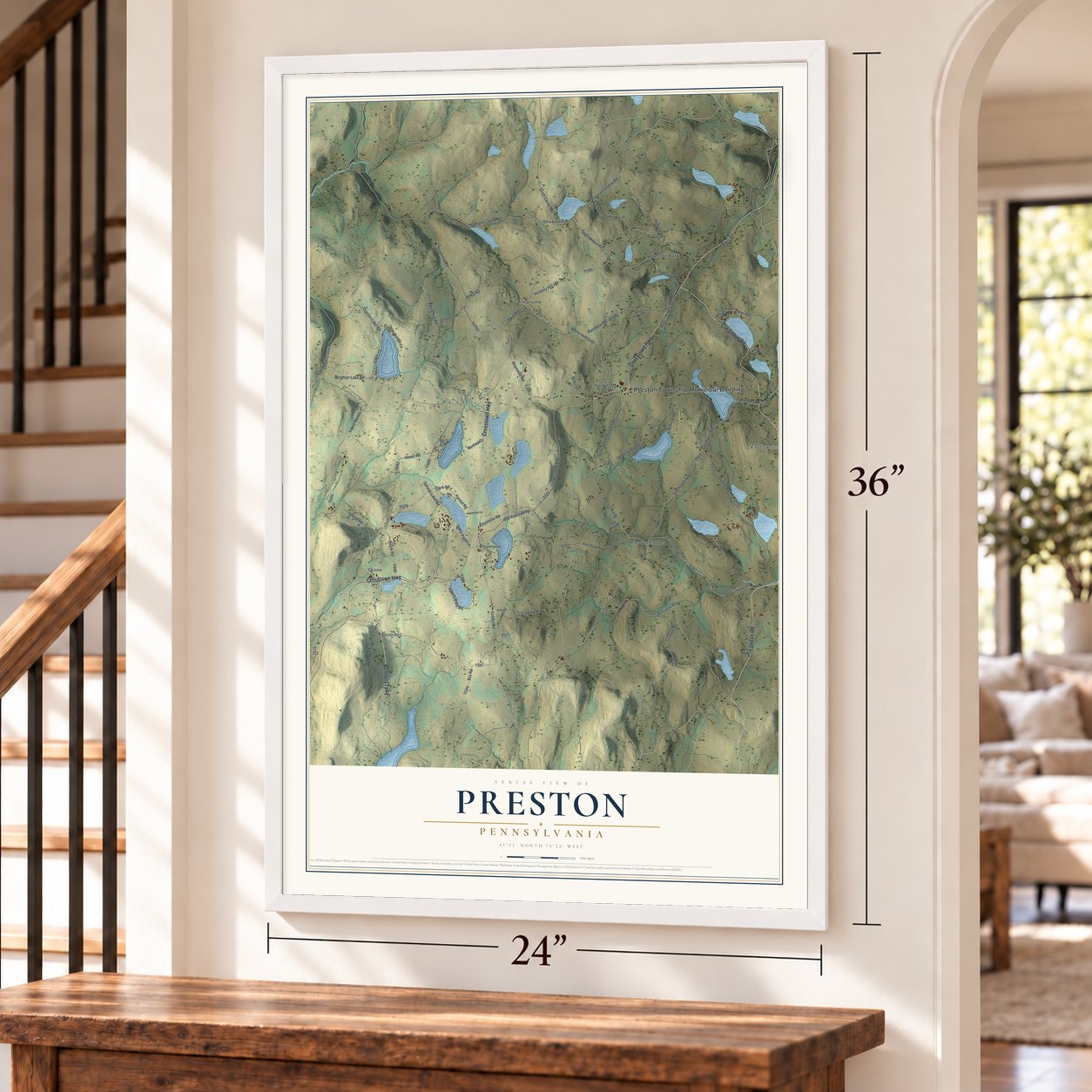 Preston, Pennsylvania map, 24 x 36 inch print in a white frame by a staircase