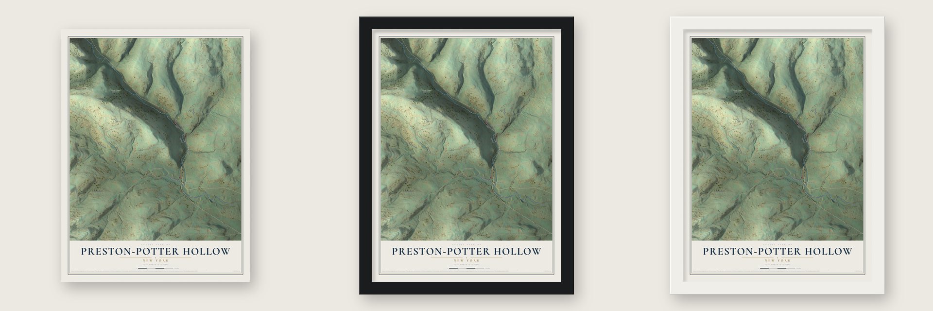 Preston-Potter Hollow, New York map unframed, in a black wood frame and in a white wood frame