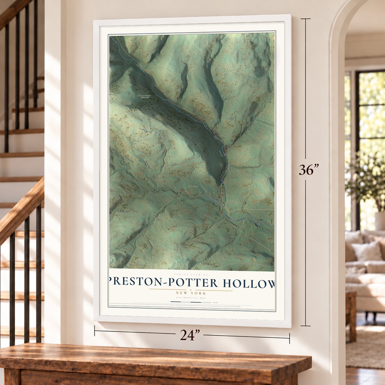 Preston-Potter Hollow, New York map, 24 x 36 inch print in a white frame by a staircase