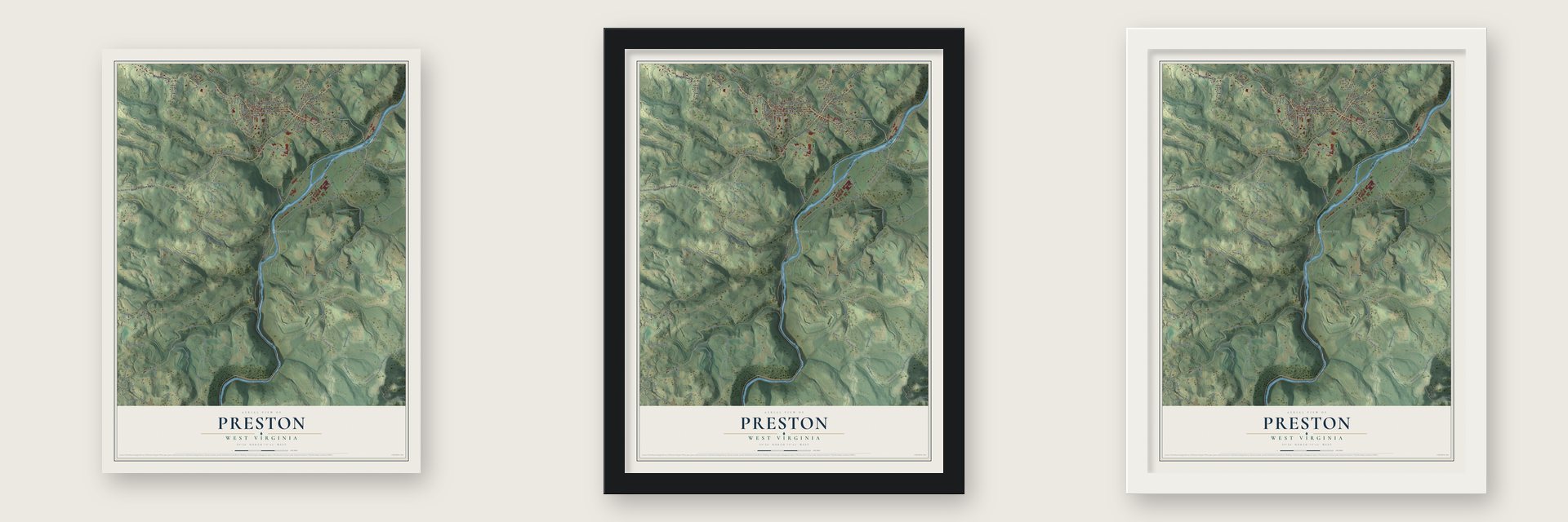Preston, West Virginia map unframed, in a black wood frame and in a white wood frame