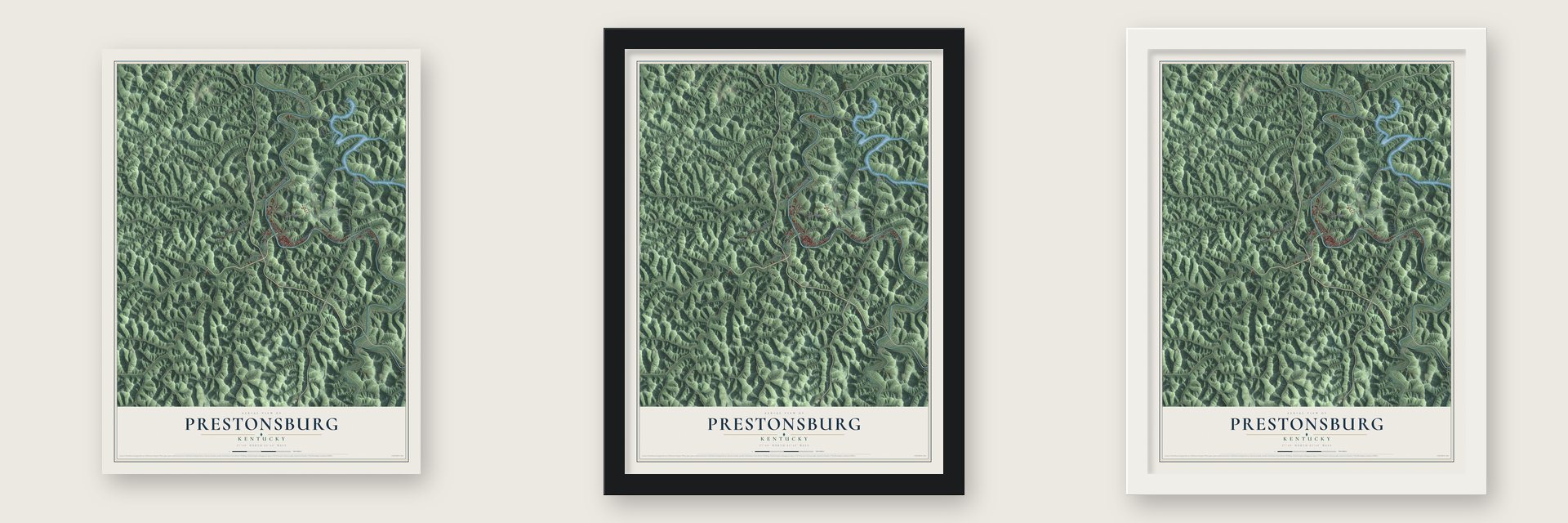 Prestonsburg, Kentucky map unframed, in a black wood frame and in a white wood frame