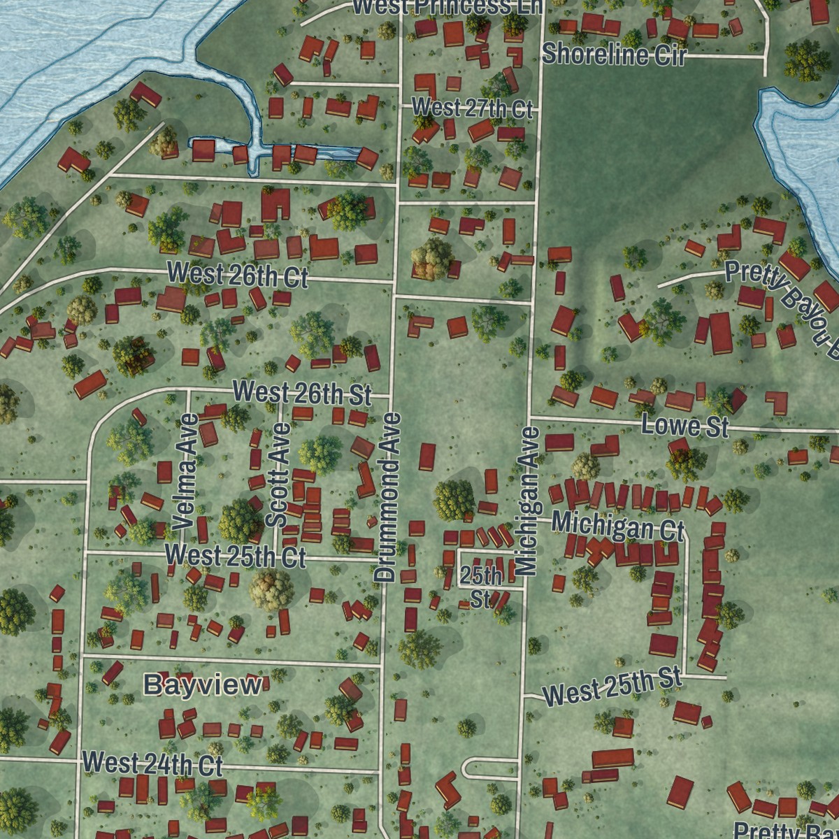 Second close-up of the map of Pretty Bayou, Florida print showing more streets and buildings