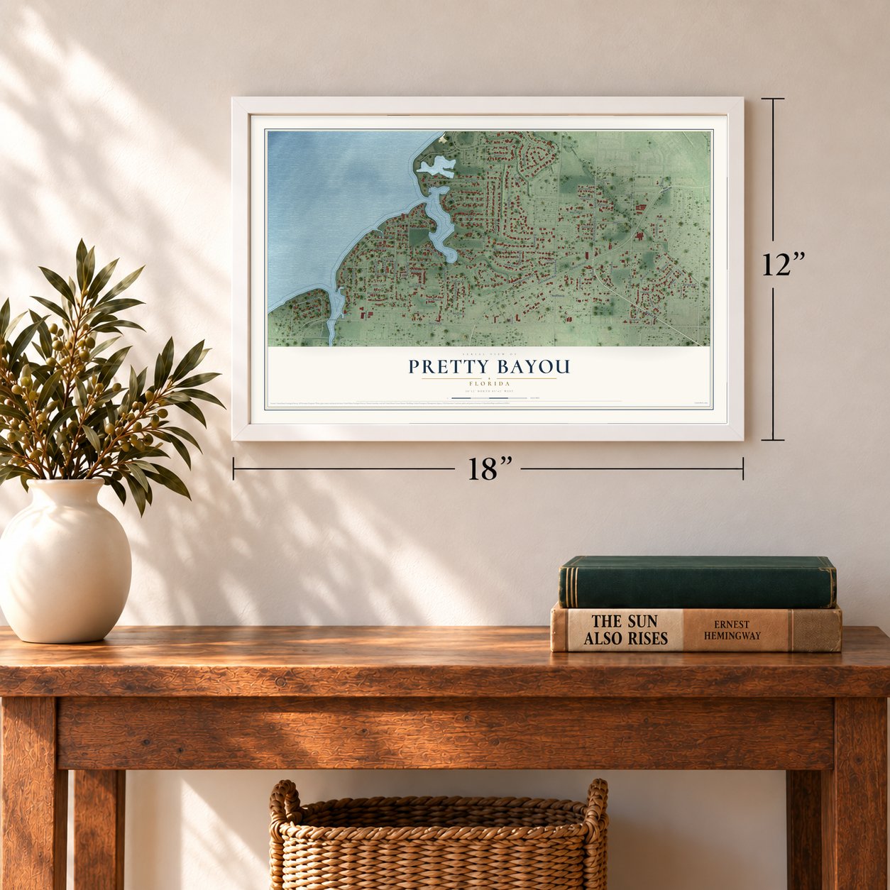 Pretty Bayou, Florida map, 12 x 18 inch print in a white frame in an entryway