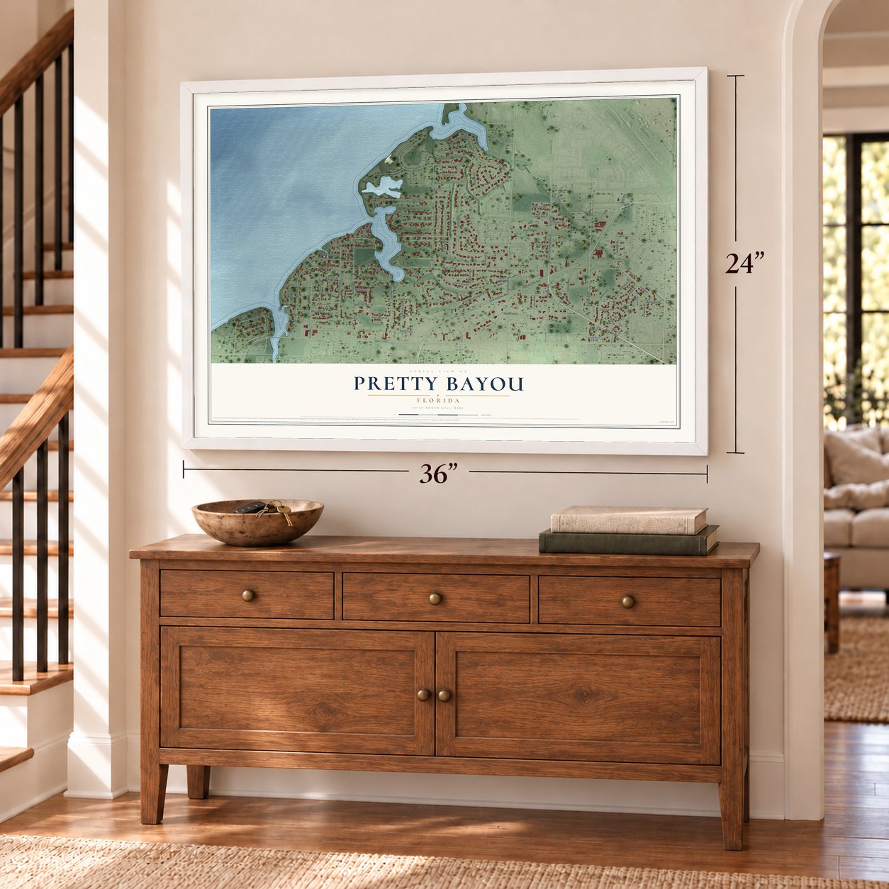 Pretty Bayou, Florida map, 24 x 36 inch print in a white frame above a dresser by a staircase