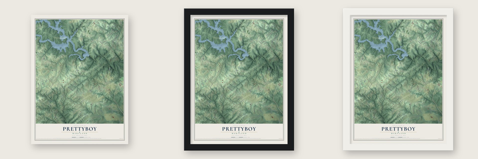 Prettyboy, Maryland map unframed, in a black wood frame and in a white wood frame