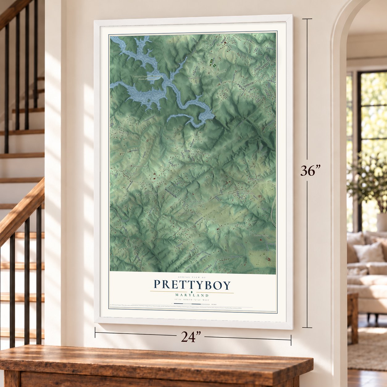Prettyboy, Maryland map, 24 x 36 inch print in a white frame by a staircase