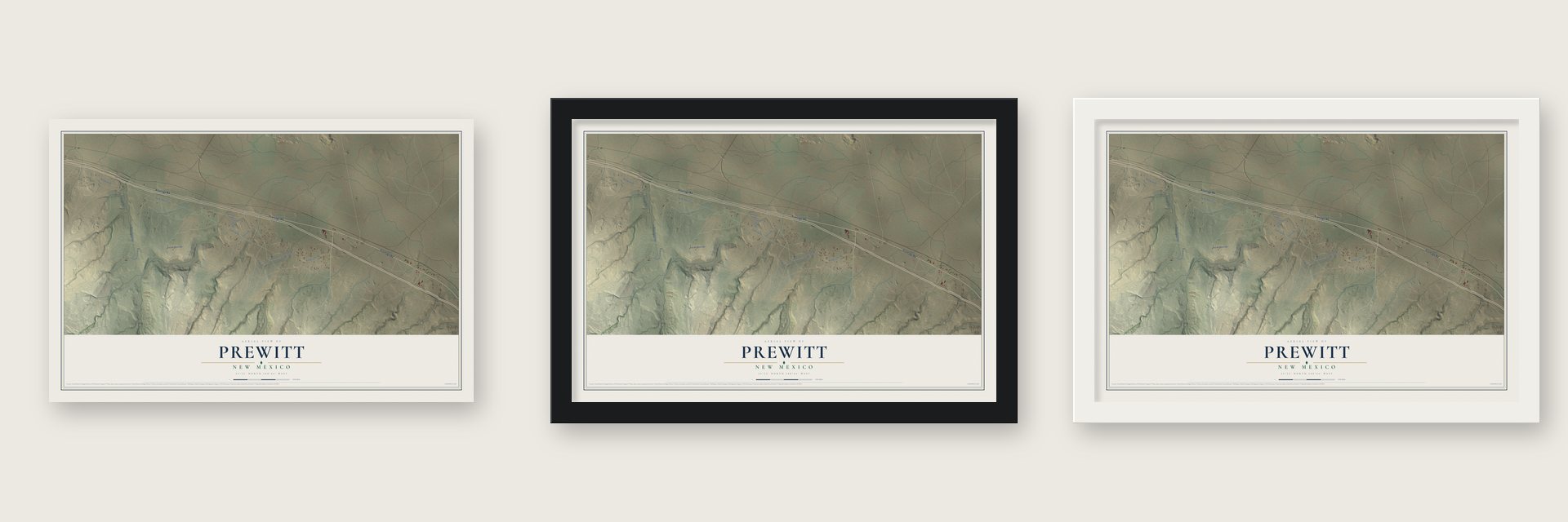 Prewitt, New Mexico map unframed, in a black wood frame and in a white wood frame