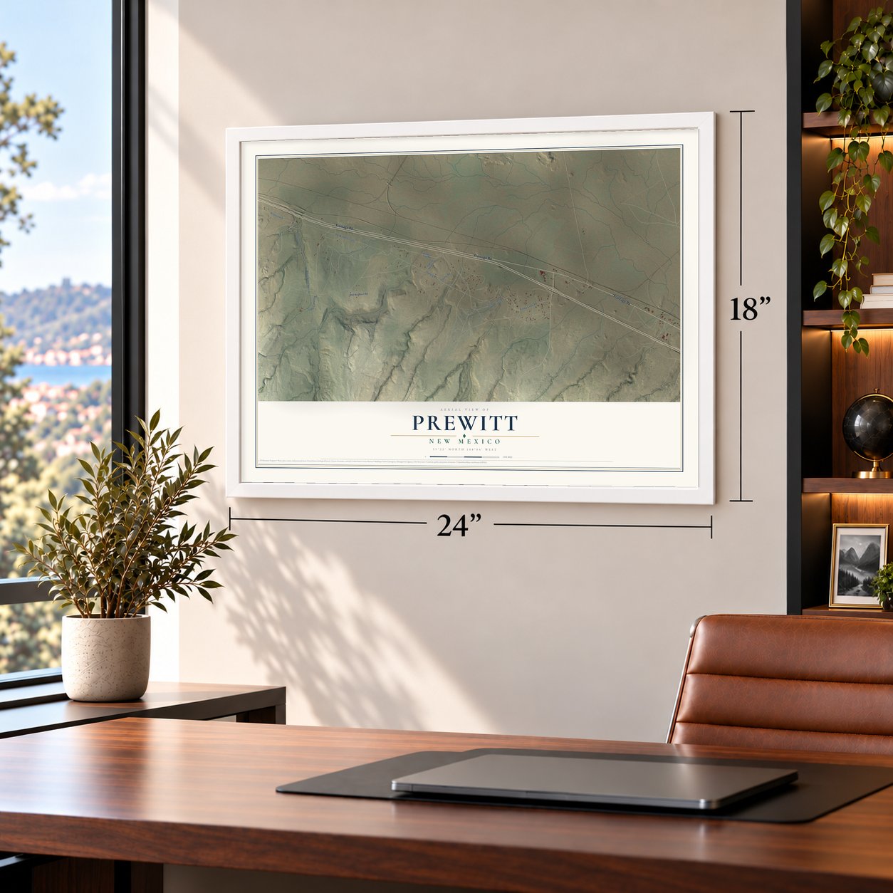 Prewitt, New Mexico map, 18 x 24 inch print in a white frame in a home office