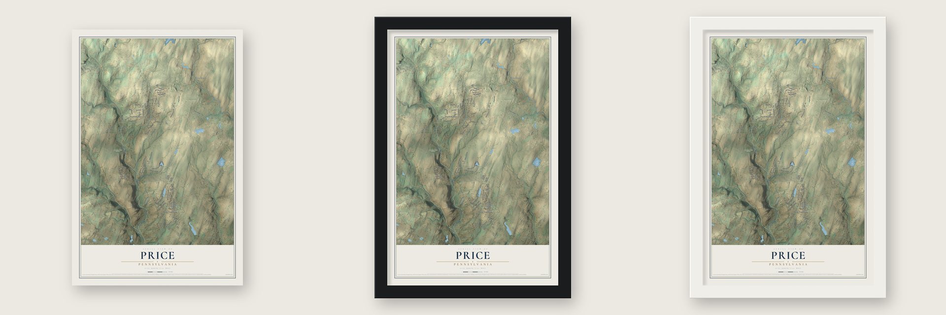 Price, Pennsylvania map unframed, in a black wood frame and in a white wood frame