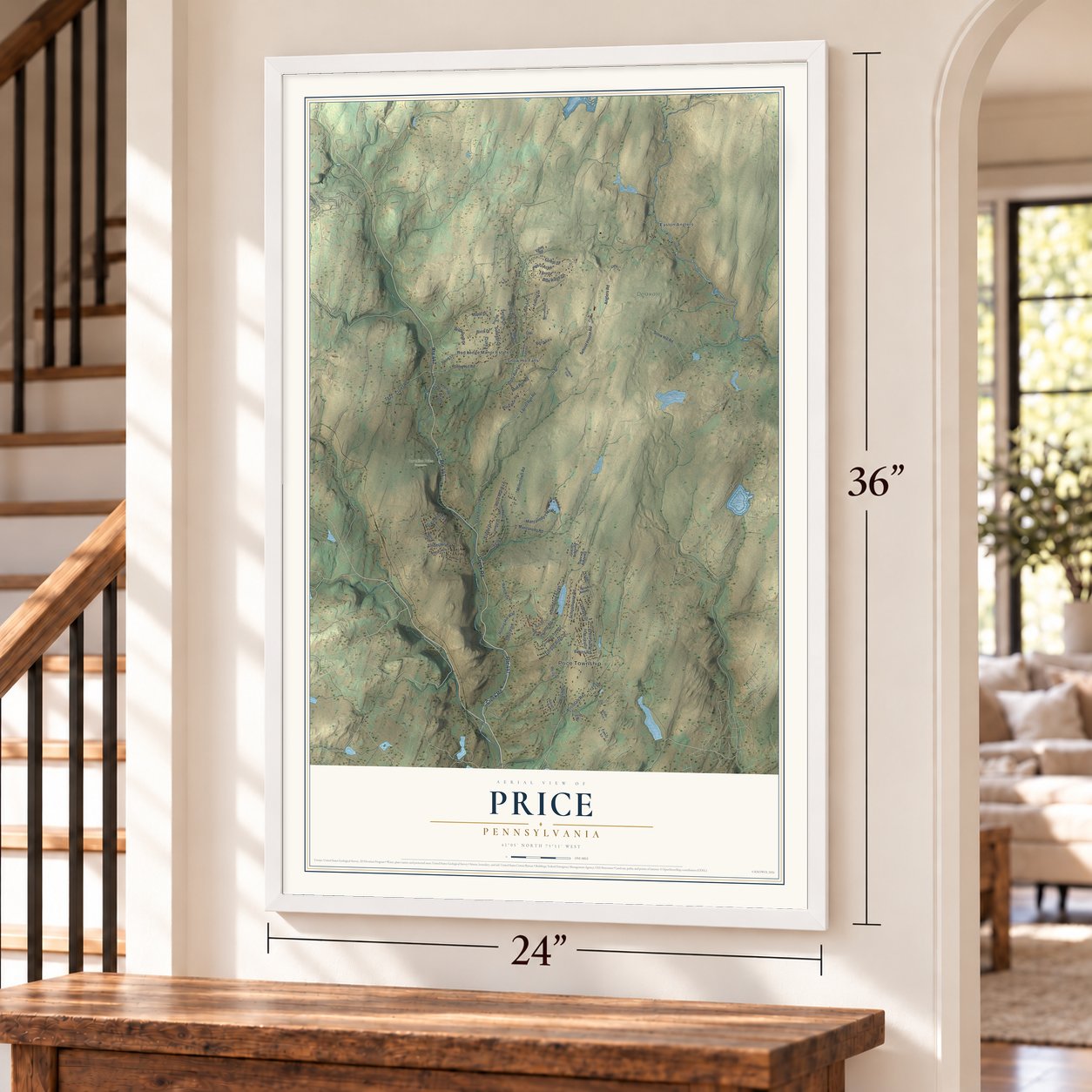 Price, Pennsylvania map, 24 x 36 inch print in a white frame by a staircase
