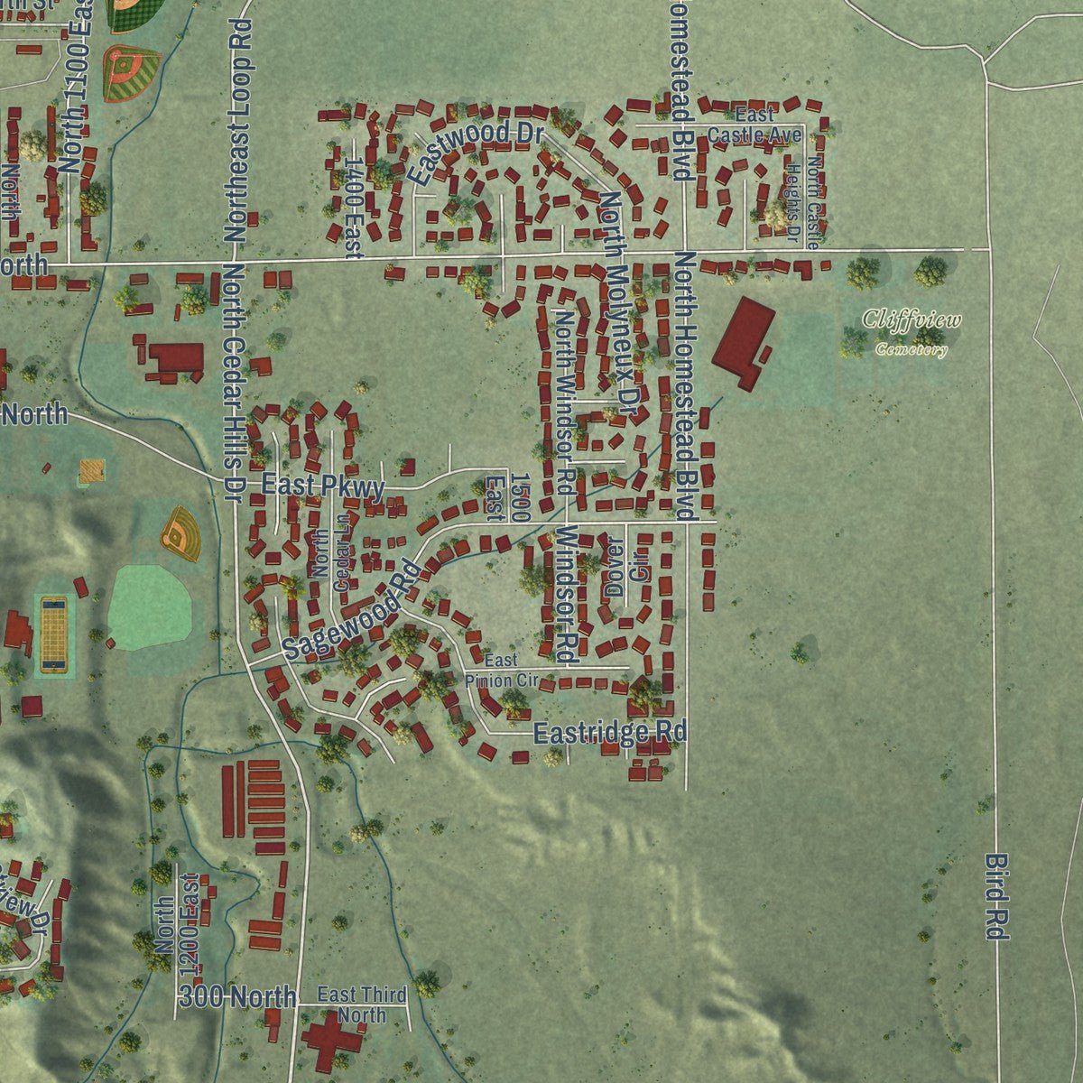 Second close-up of the map of Price, Utah print showing more streets and buildings