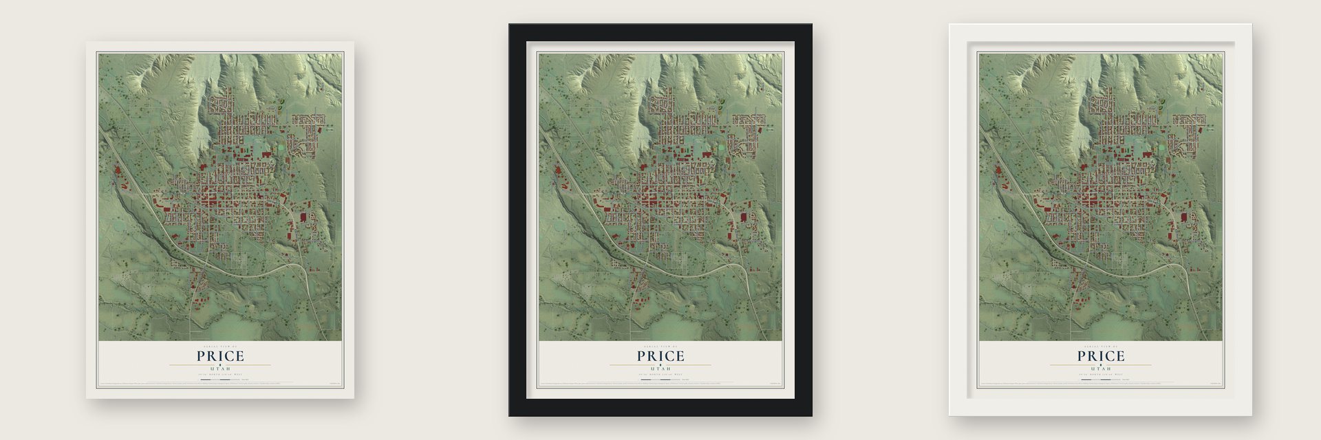 Price, Utah map unframed, in a black wood frame and in a white wood frame