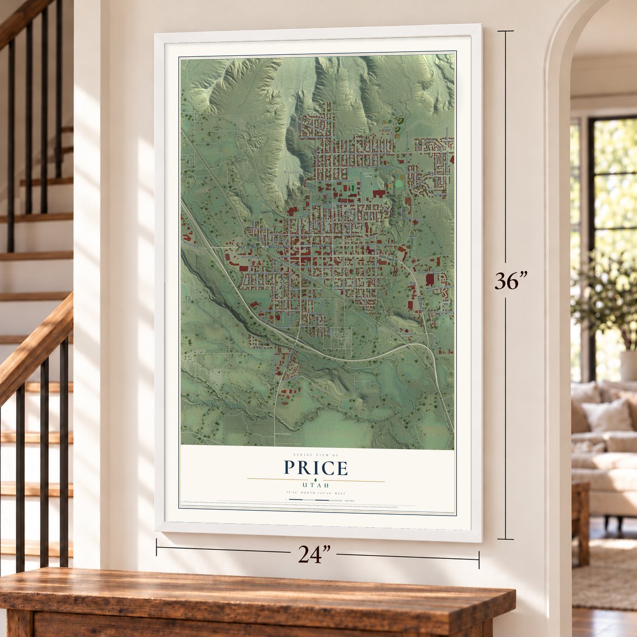 Price, Utah map, 24 x 36 inch print in a white frame by a staircase