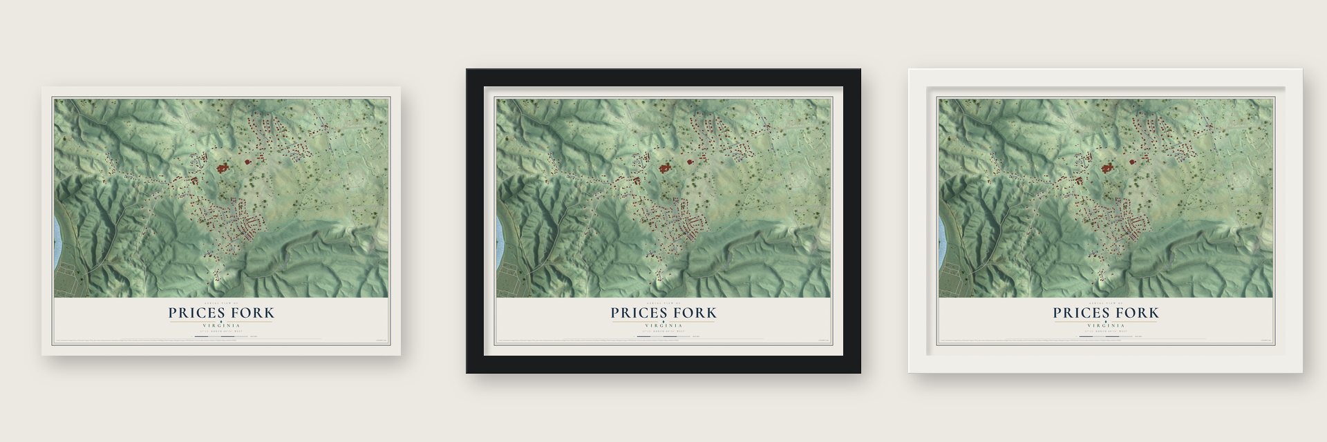 Prices Fork, Virginia map unframed, in a black wood frame and in a white wood frame
