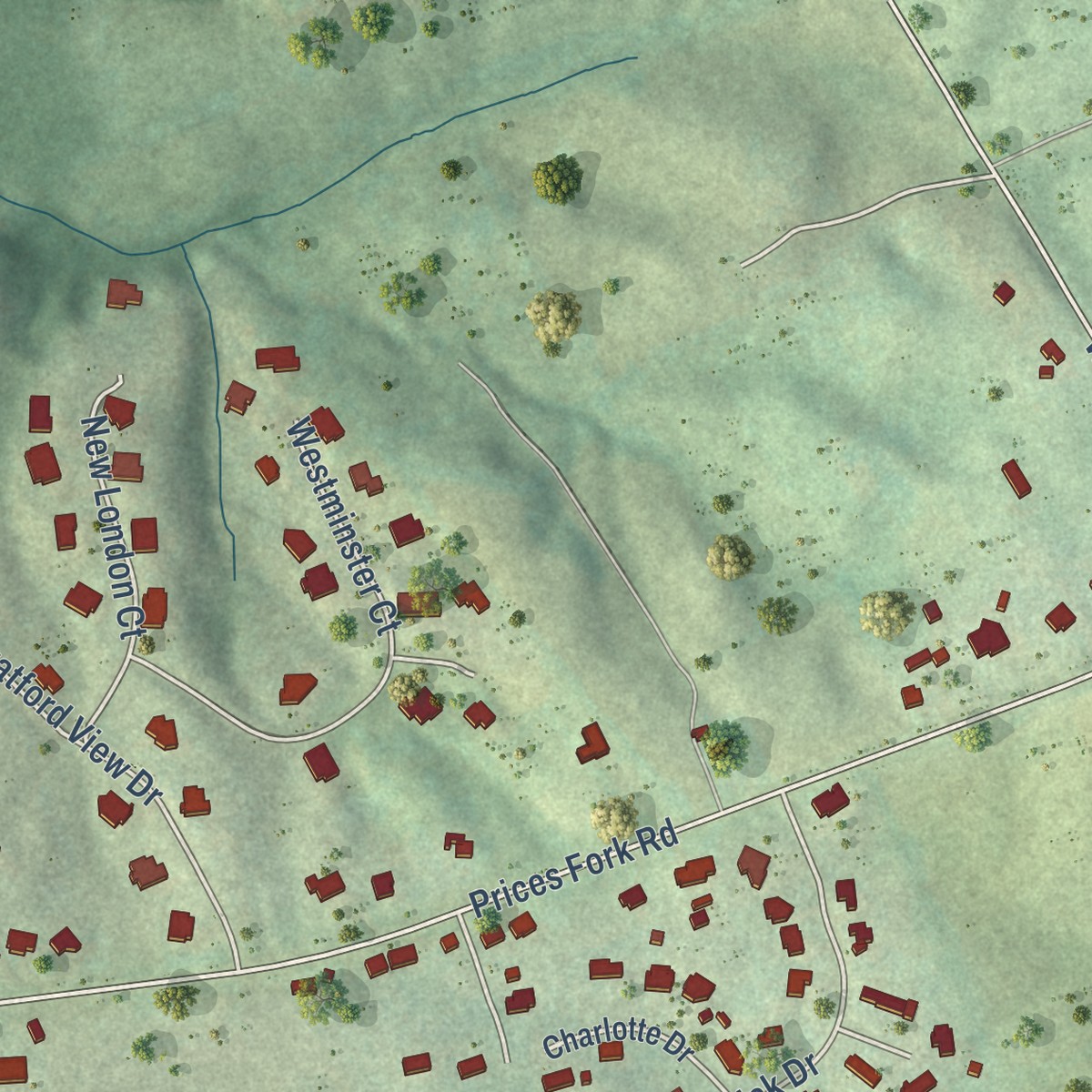 Second close-up of the map of Prices Fork, Virginia print showing more streets and buildings