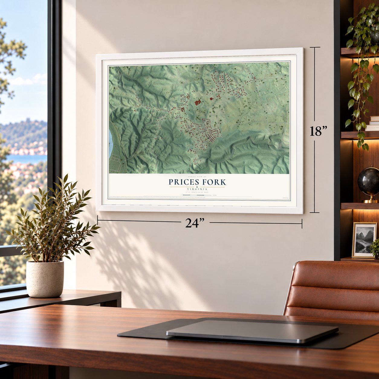 Prices Fork, Virginia map, 18 x 24 inch print in a white frame in a home office