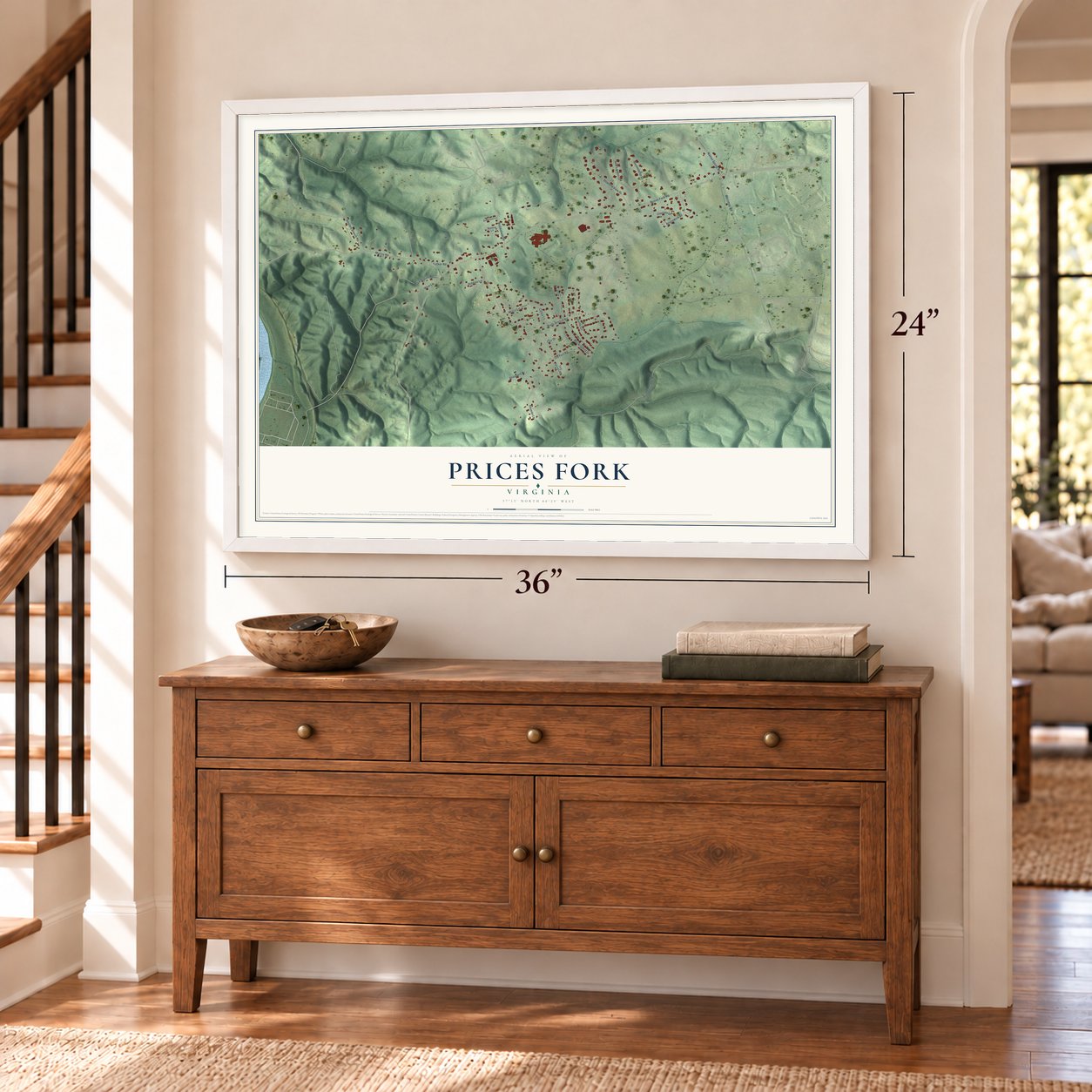 Prices Fork, Virginia map, 24 x 36 inch print in a white frame above a dresser by a staircase