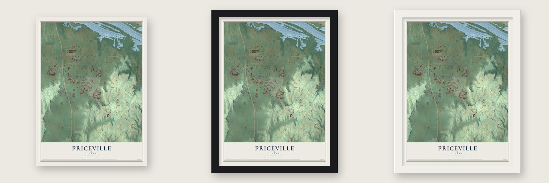 Priceville, Alabama map unframed, in a black wood frame and in a white wood frame