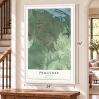Priceville, Alabama map, 24 x 36 inch print in a white frame by a staircase