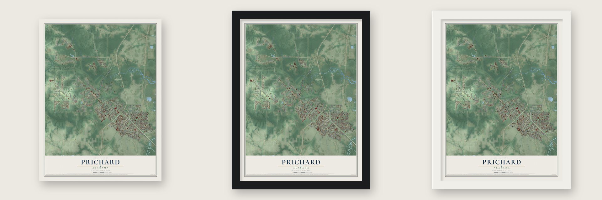 Prichard, Alabama map unframed, in a black wood frame and in a white wood frame