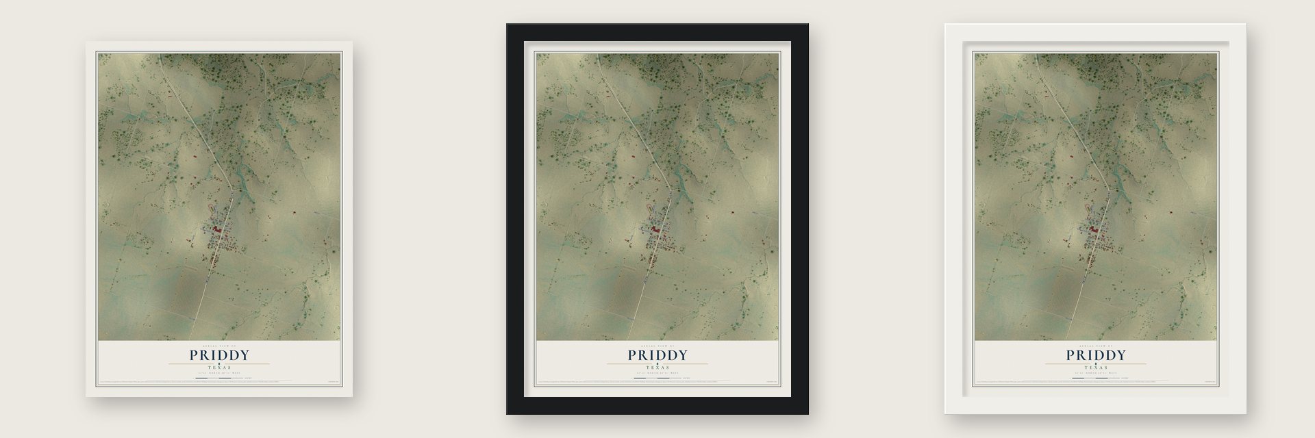 Priddy, Texas map unframed, in a black wood frame and in a white wood frame
