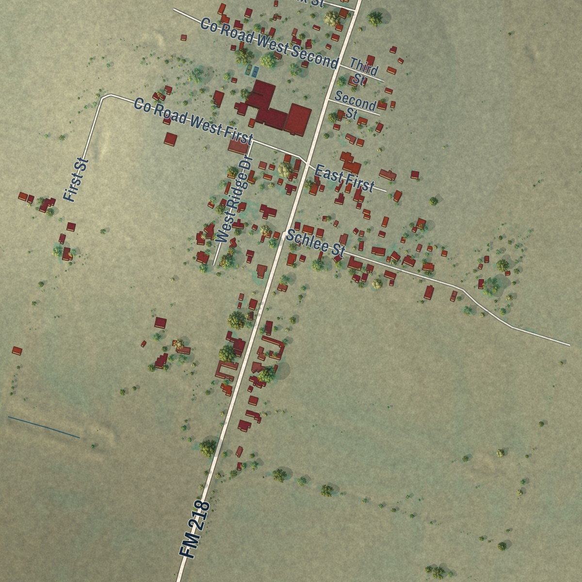 Second close-up of the map of Priddy, Texas print showing more streets and buildings