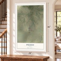 Priddy, Texas map, 24 x 36 inch print in a white frame by a staircase