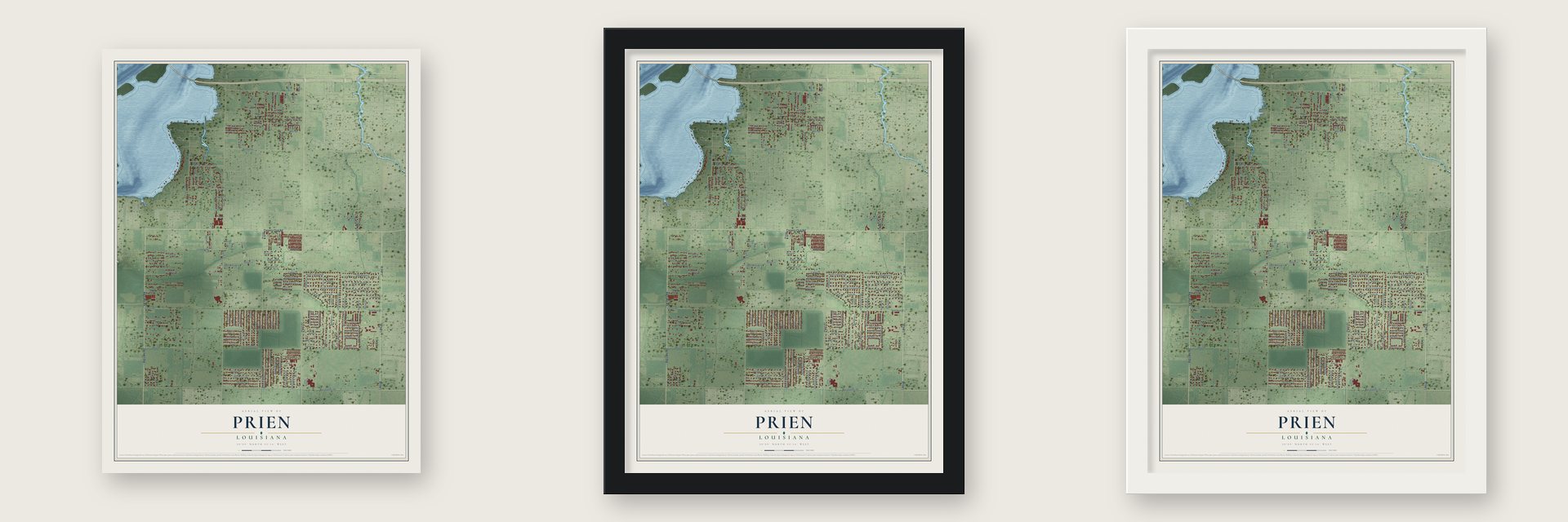 Prien, Louisiana map unframed, in a black wood frame and in a white wood frame