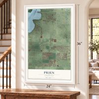 Prien, Louisiana map, 24 x 36 inch print in a white frame by a staircase