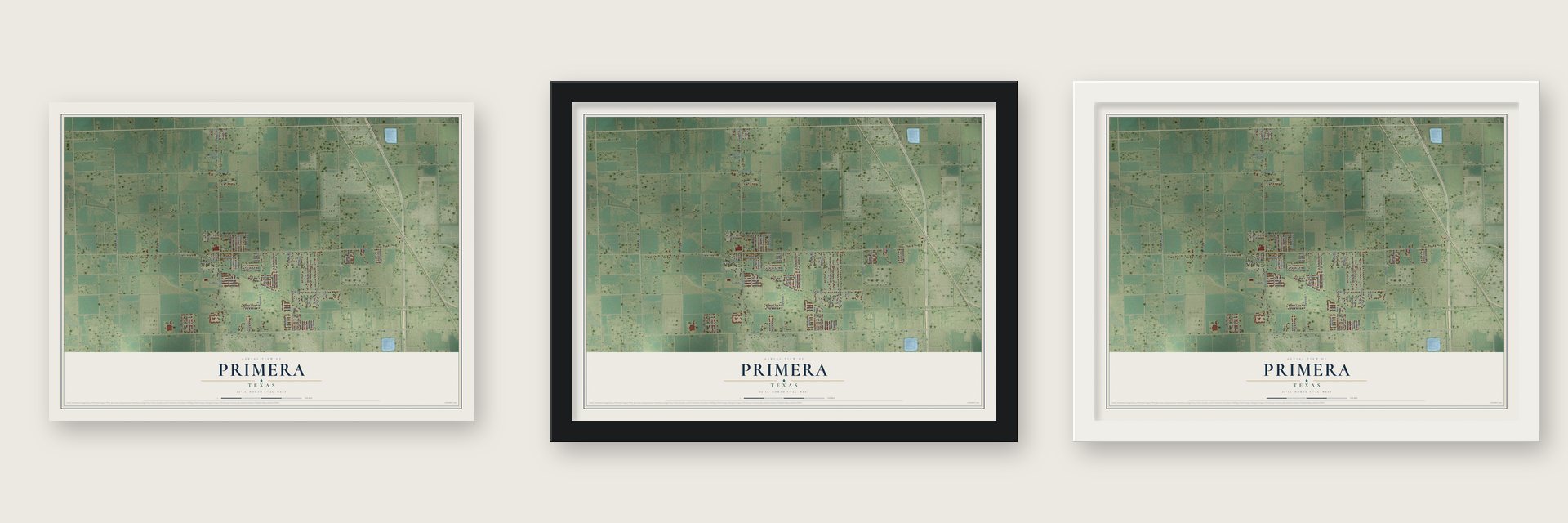 Primera, Texas map unframed, in a black wood frame and in a white wood frame