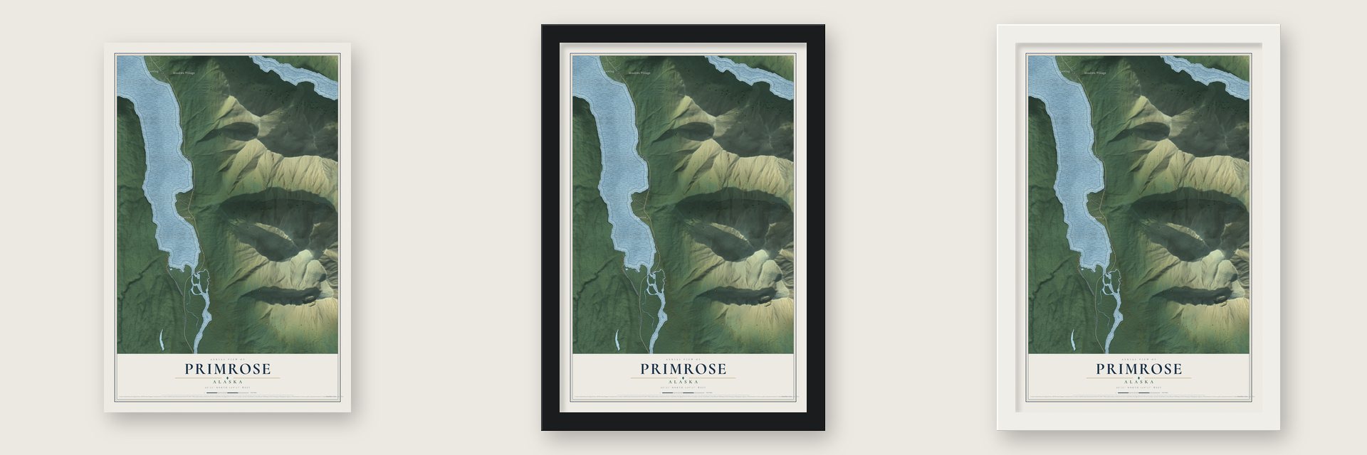 Primrose, Alaska map unframed, in a black wood frame and in a white wood frame