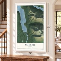 Primrose, Alaska map, 24 x 36 inch print in a white frame by a staircase