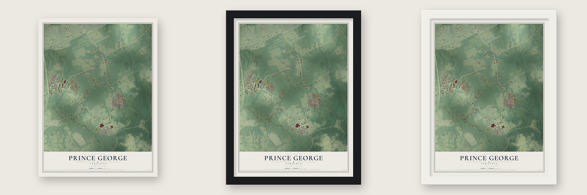 Prince George, Virginia map unframed, in a black wood frame and in a white wood frame