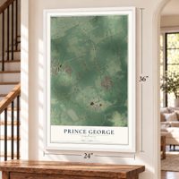 Prince George, Virginia map, 24 x 36 inch print in a white frame by a staircase