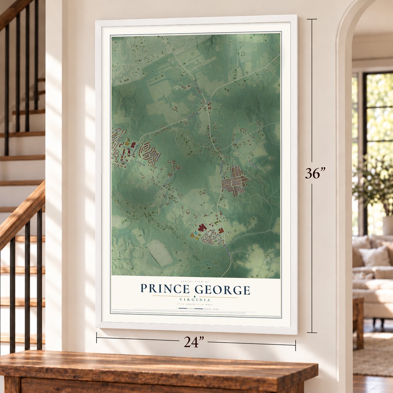 Prince George, Virginia map, 24 x 36 inch print in a white frame by a staircase