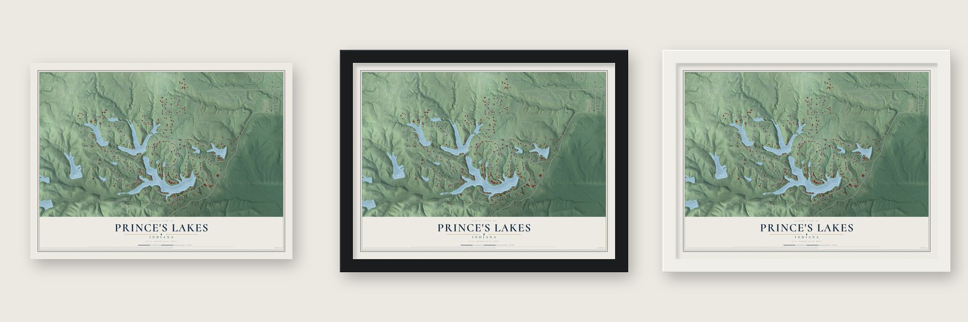 Prince's Lakes, Indiana map unframed, in a black wood frame and in a white wood frame