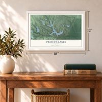 Prince's Lakes, Indiana map, 12 x 18 inch print in a white frame in an entryway