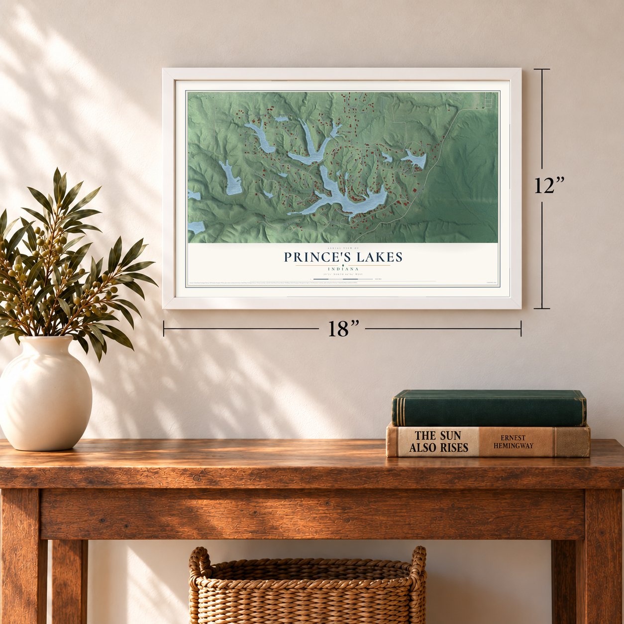 Prince's Lakes, Indiana map, 12 x 18 inch print in a white frame in an entryway