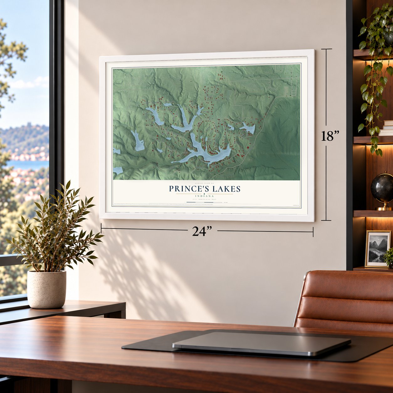 Prince's Lakes, Indiana map, 18 x 24 inch print in a white frame in a home office