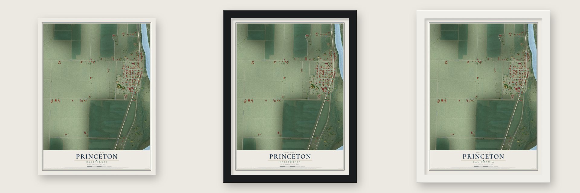 Princeton, California map unframed, in a black wood frame and in a white wood frame