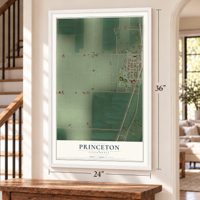 Princeton, California map, 24 x 36 inch print in a white frame by a staircase