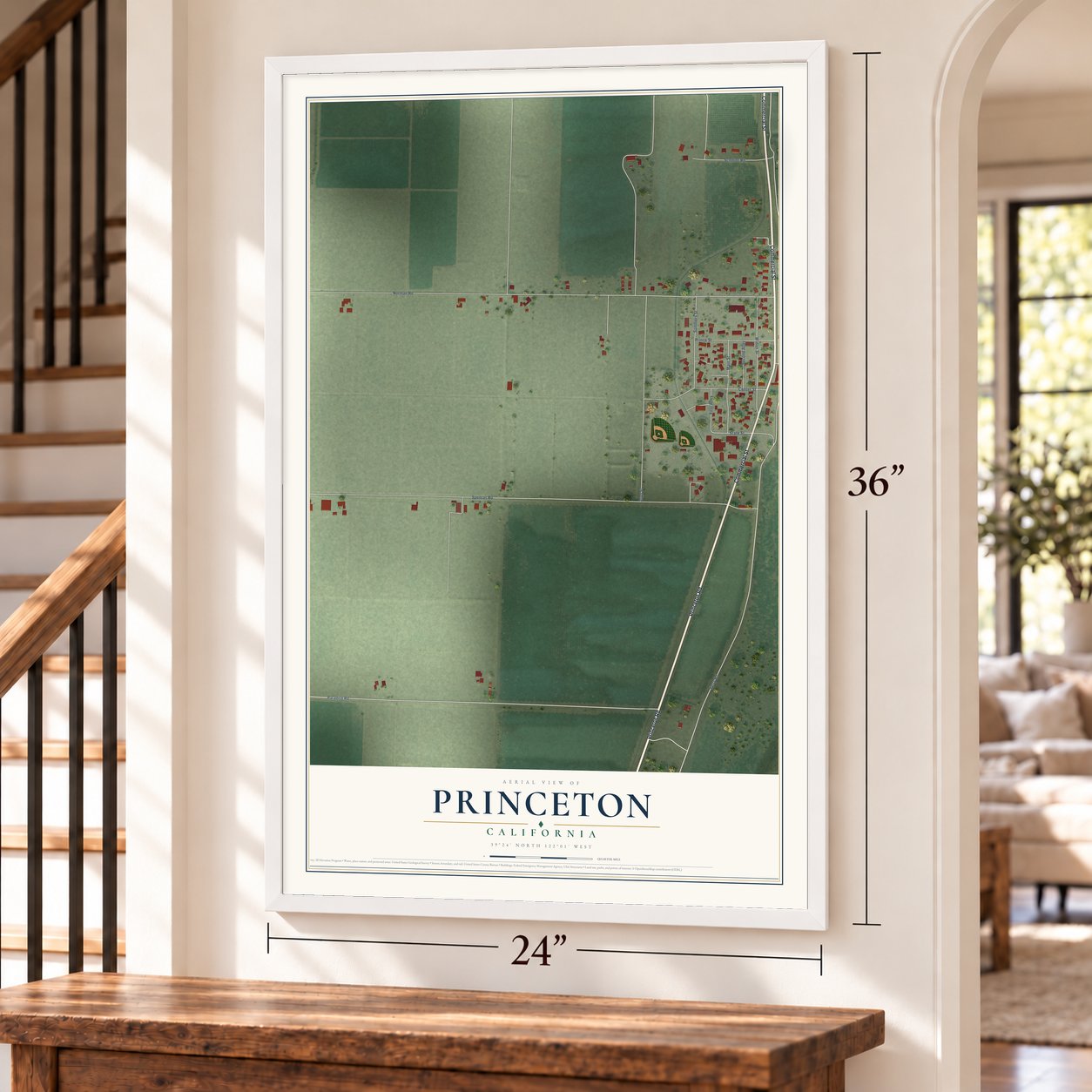 Princeton, California map, 24 x 36 inch print in a white frame by a staircase