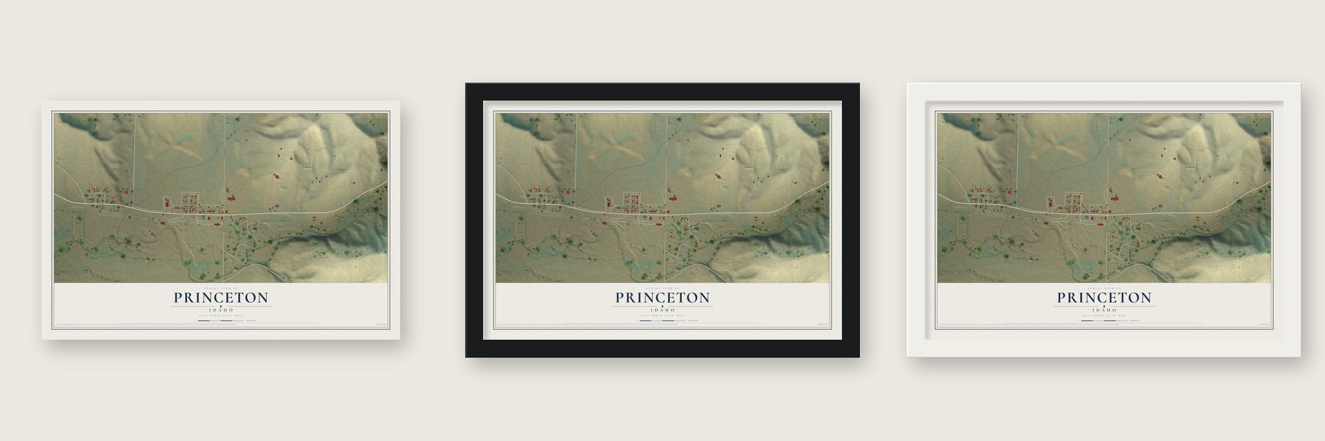 Princeton, Idaho map unframed, in a black wood frame and in a white wood frame