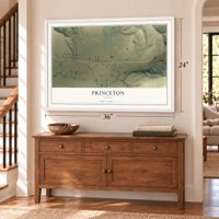 Princeton, Idaho map, 24 x 36 inch print in a white frame above a dresser by a staircase