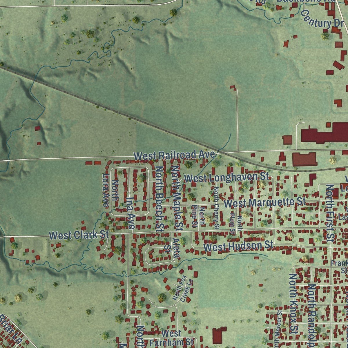 Second close-up of the map of Princeton, Illinois print showing more streets and buildings