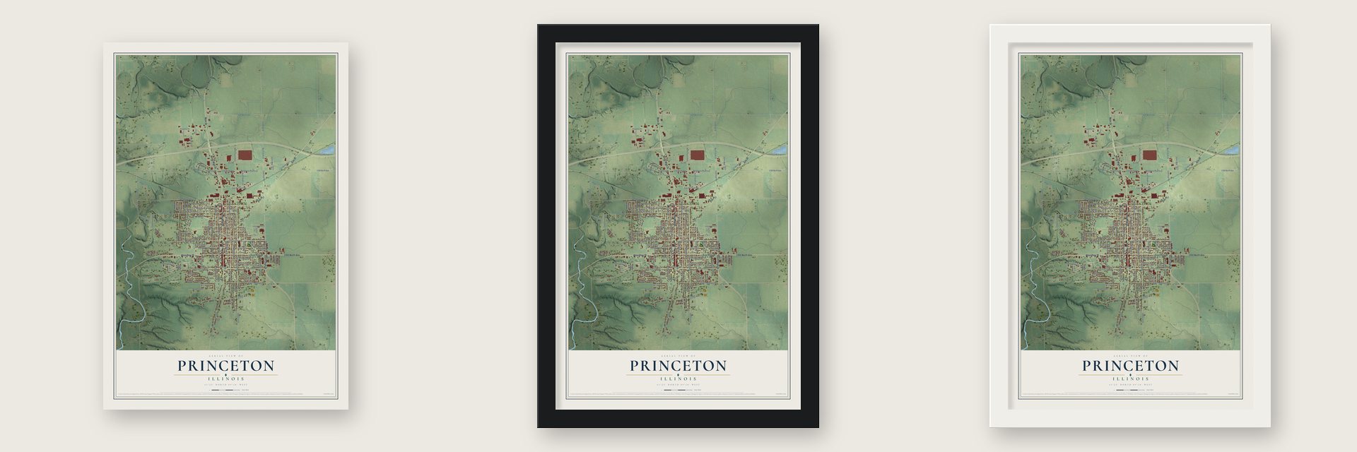 Princeton, Illinois map unframed, in a black wood frame and in a white wood frame