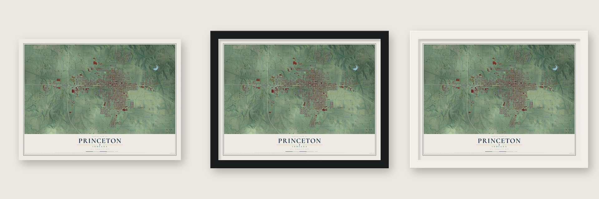 Princeton, Indiana map unframed, in a black wood frame and in a white wood frame