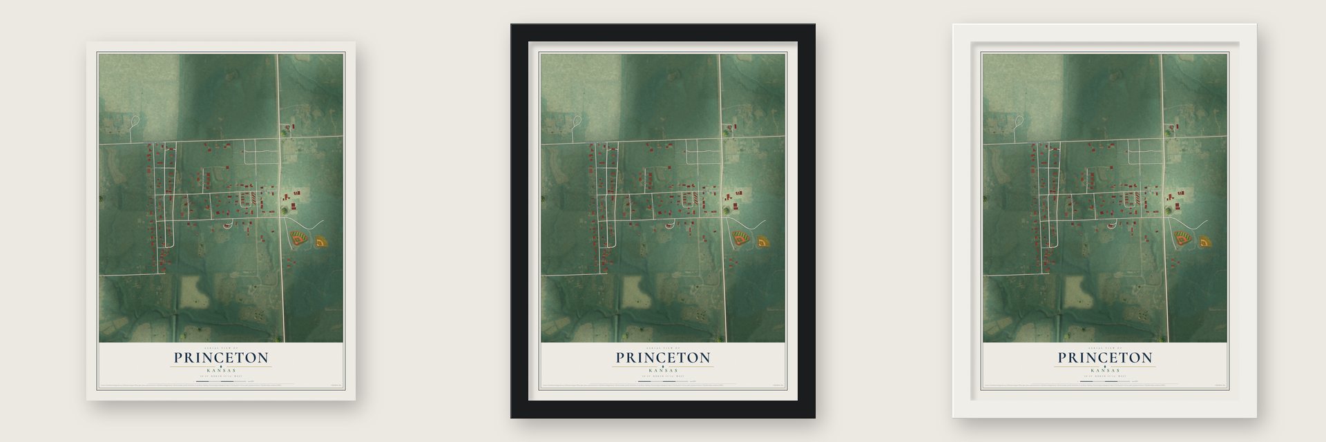 Princeton, Kansas map unframed, in a black wood frame and in a white wood frame